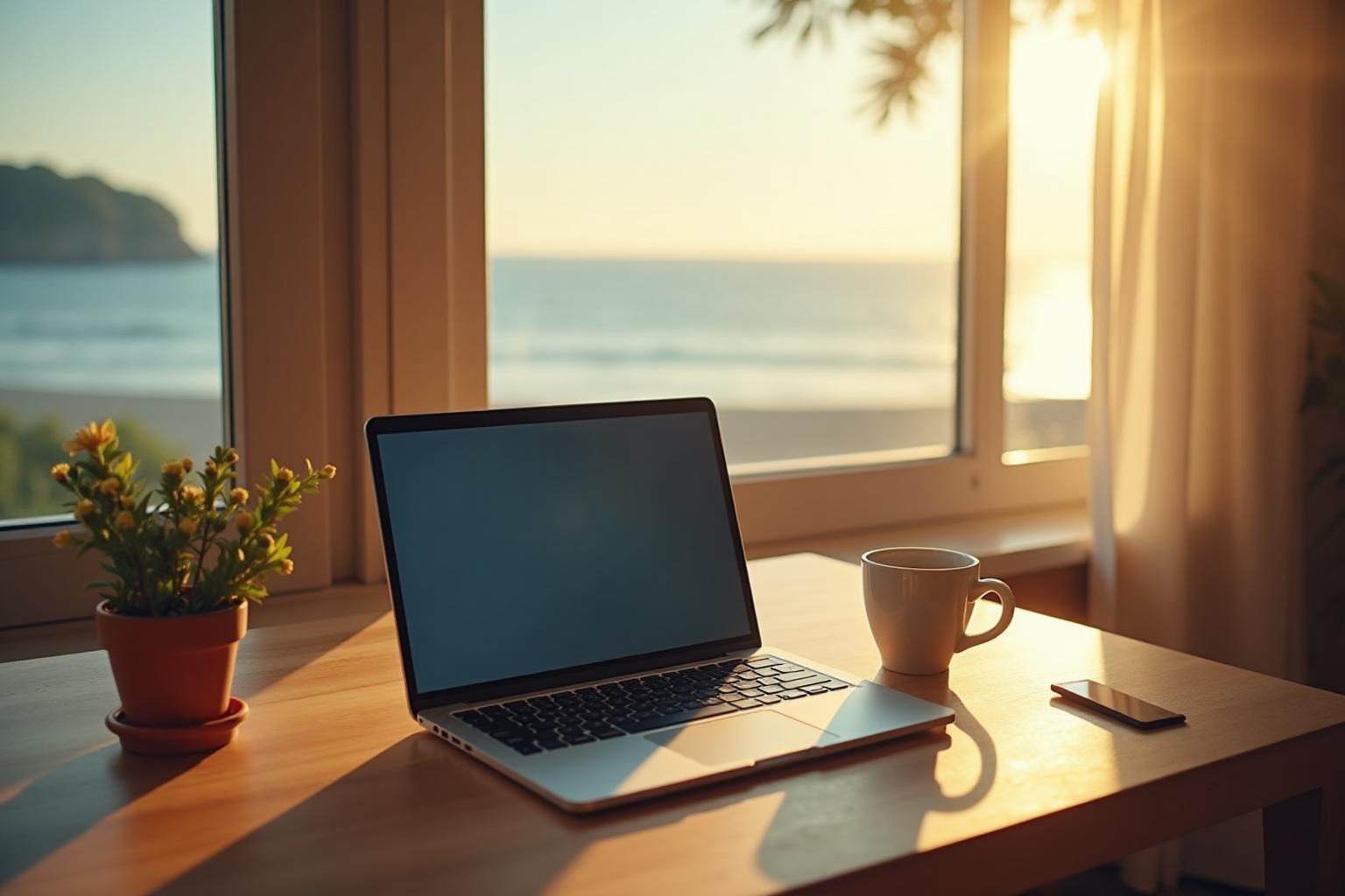 Remote work setup with ocean view in Tarifa townhouse